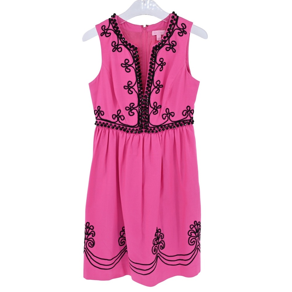 Lilly Pulitzer Alexandra Cotton Shell Beaded Shift Dress 6 Pink Black Old Tag
